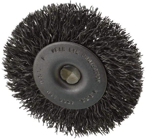 Made in USA - 2-1/2" OD, 1/4" Shank Diam, Crimped Steel Wheel Brush - 1/4" Face Width, 0.014" Filament Diam, 4,500 RPM - Exact Industrial Supply