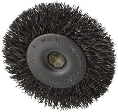 Made in USA - 2-1/2" OD, 1/4" Shank Diam, Crimped Steel Wheel Brush - 1/4" Face Width, 0.014" Filament Diam, 4,500 RPM - Exact Industrial Supply