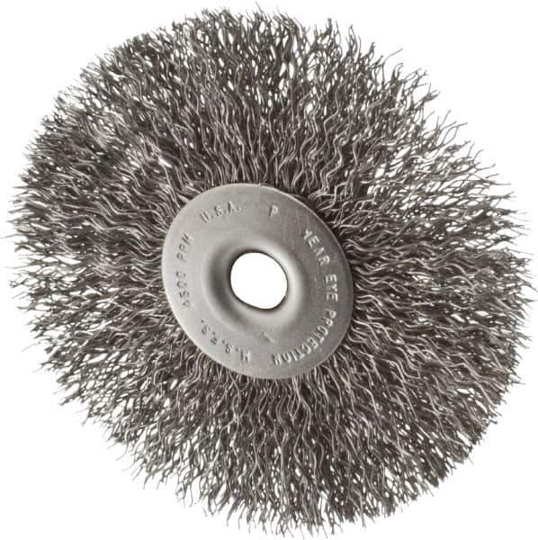 Made in USA - 3-1/2" OD, 1/4" Shank Diam, Crimped Steel Wheel Brush - 1/4" Face Width, 0.014" Filament Diam, 4,500 RPM - Exact Industrial Supply