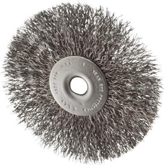 Made in USA - 3-1/2" OD, 1/4" Shank Diam, Crimped Steel Wheel Brush - 1/4" Face Width, 0.014" Filament Diam, 4,500 RPM - Exact Industrial Supply
