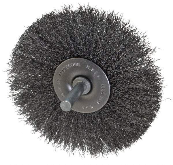 Made in USA - 3-1/2" OD, 1/4" Shank Diam, Crimped Steel Wheel Brush - 1/4" Face Width, 0.008" Filament Diam, 4,500 RPM - Exact Industrial Supply