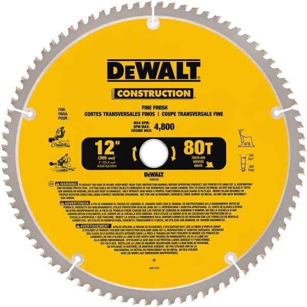 DeWALT - 12" Diam, 1" Arbor Hole Diam, 80 Tooth Wet & Dry Cut Saw Blade - Carbide-Tipped, General Purpose Action, Standard Round Arbor - Exact Industrial Supply