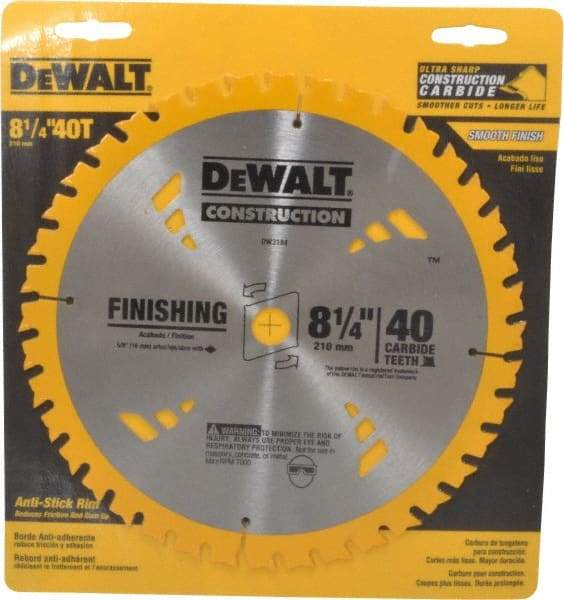 DeWALT - 8-1/4" Diam, 5/8" Arbor Hole Diam, 40 Tooth Wet & Dry Cut Saw Blade - Carbide-Tipped, General Purpose Action, Diamond Arbor - Exact Industrial Supply