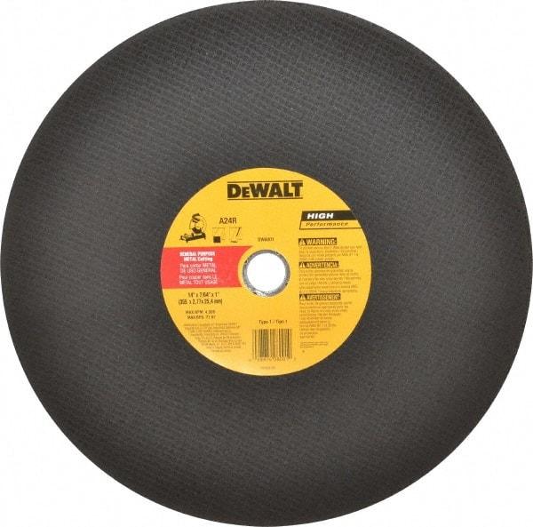 DeWALT - 14" Aluminum Oxide Cutoff Wheel - 7/64" Thick, 1" Arbor, 4,300 Max RPM, Use with Stationary Tools - Exact Industrial Supply