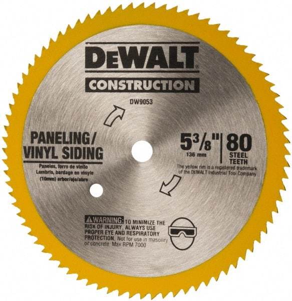 DeWALT - 5-3/8" Diam, 10mm Arbor Hole Diam, 80 Tooth Wet & Dry Cut Saw Blade - Steel, Standard Round Arbor - Exact Industrial Supply