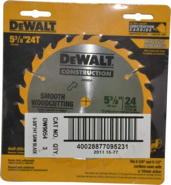 DeWALT - 5-3/8" Diam, 10mm Arbor Hole Diam, 24 Tooth Wet & Dry Cut Saw Blade - Carbide-Tipped, Smooth Action, Standard Round Arbor - Exact Industrial Supply