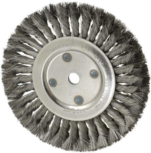 Anderson - 8" OD, 5/8" Arbor Hole, Knotted Steel Wheel Brush - 5/8" Face Width, 1-3/4" Trim Length, 0.014" Filament Diam, 6,000 RPM - Exact Industrial Supply
