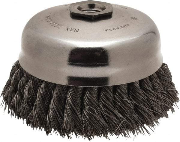 Anderson - 5" Diam, 5/8-11 Threaded Arbor, Steel Fill Cup Brush - 0.014 Wire Diam, 1-1/4" Trim Length, 7,000 Max RPM - Exact Industrial Supply