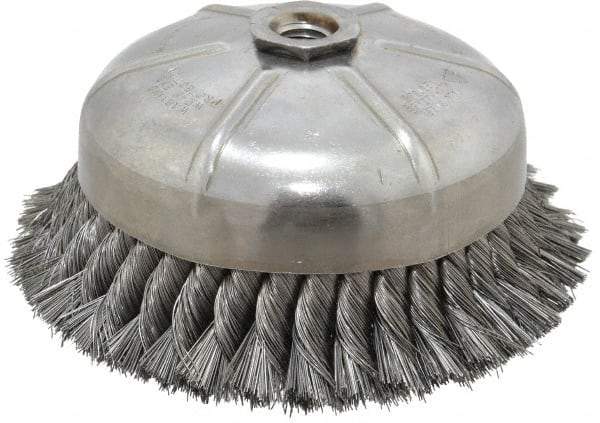 Anderson - 6" Diam, 5/8-11 Threaded Arbor, Steel Fill Cup Brush - 0.014 Wire Diam, 1-3/8" Trim Length, 6,600 Max RPM - Exact Industrial Supply