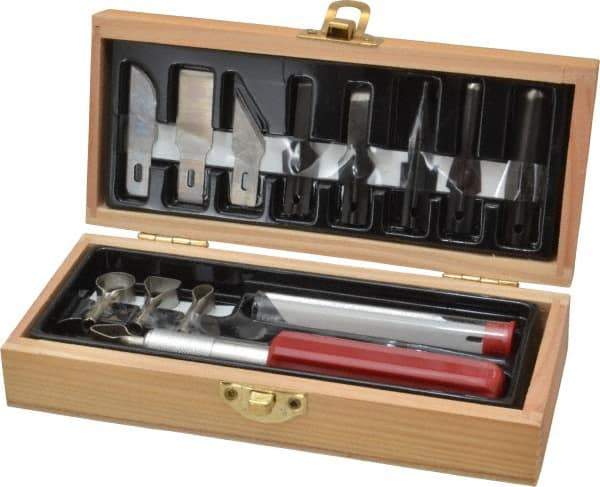 Excel - Woodworking Set - 13 Pieces, Includes Wooden Boxed Knife Set 1 Knife, 14 Blades - Exact Industrial Supply