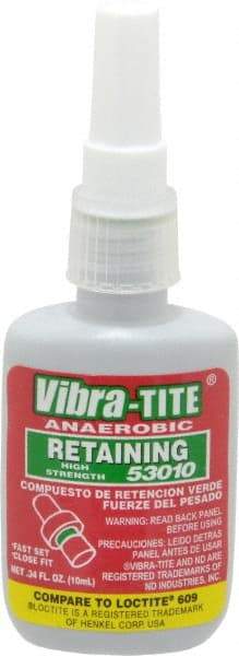 Vibra-Tite - 10 mL Bottle, Green, High Strength Liquid Retaining Compound - Series 530, 24 hr Full Cure Time, Hand Tool Removal - Exact Industrial Supply