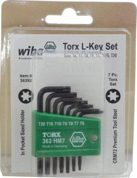 Wiha - 7 Piece T6 to T20 L-Key Short Arm Torx Key Set - T6, T7, T8, T9, T10, T15, T20 Torx Size - Exact Industrial Supply