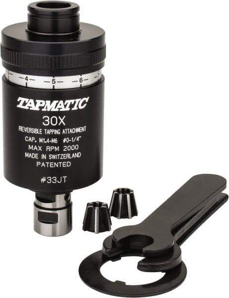 Tapmatic - Model 30X, No. 0 Min Tap Capacity, 1/4 Inch Max Mild Steel Tap Capacity, JT33 Mount Tapping Head - 21600 (J116), 21700 (J117) Compatible, Includes Tap Clamping Wrenches and 2 collets, for Manual Machines - Exact Industrial Supply