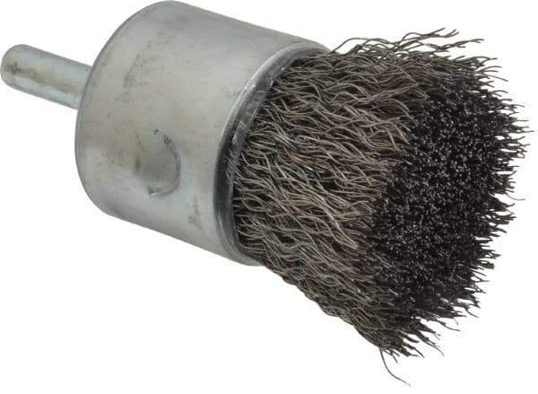 Weiler - 1" Brush Diam, Crimped, End Brush - 1/4" Diam Steel Shank, 22,000 Max RPM - Exact Industrial Supply