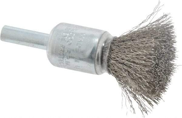 Weiler - 1/2" Brush Diam, Crimped, End Brush - 1/4" Diam Steel Shank, 25,000 Max RPM - Exact Industrial Supply