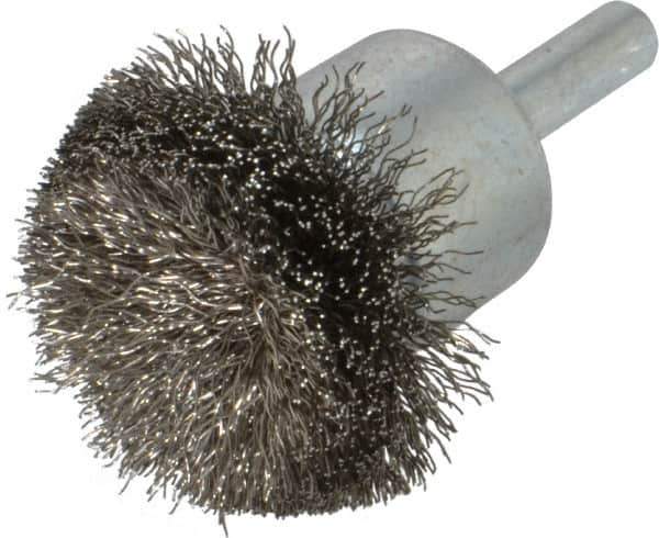 Weiler - 1-1/2" Brush Diam, Crimped, Flared End Brush - 1/4" Diam Shank, 20,000 Max RPM - Exact Industrial Supply