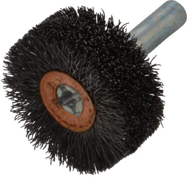 Weiler - 1-1/4" OD, 1/4" Shank Diam, Crimped Steel Wheel Brush - 1/2" Face Width, 3/8" Trim Length, 0.008" Filament Diam, 20,000 RPM - Exact Industrial Supply