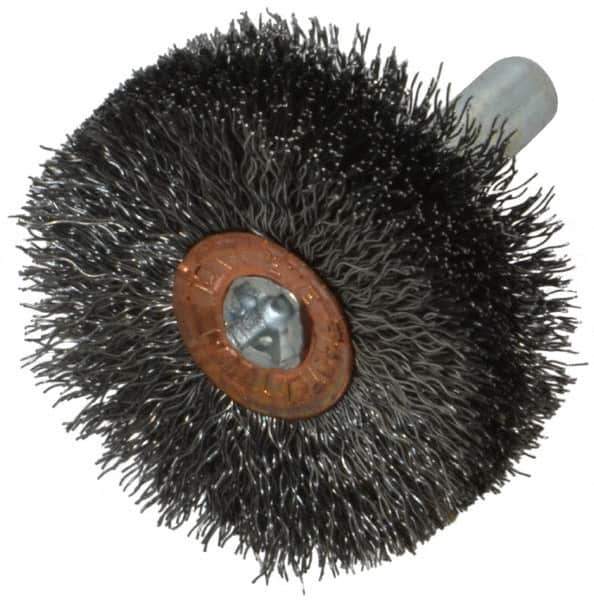 Weiler - 1-1/2" OD, 1/4" Shank Diam, Crimped Steel Wheel Brush - 1/2" Face Width, 1/2" Trim Length, 0.008" Filament Diam, 20,000 RPM - Exact Industrial Supply