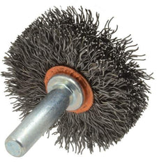 Weiler - 1-1/2" OD, 1/4" Shank Diam, Crimped Steel Wheel Brush - 1/2" Face Width, 1/2" Trim Length, 0.0118" Filament Diam, 20,000 RPM - Exact Industrial Supply