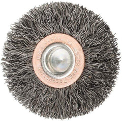 Weiler - 2" OD, 1/4" Shank Diam, Crimped Steel Wheel Brush - 3/8" Face Width, 1/2" Trim Length, 0.0118" Filament Diam, 20,000 RPM - Exact Industrial Supply