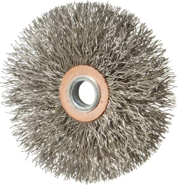 Weiler - 3" OD, 1/4" Shank Diam, Crimped Stainless Steel Wheel Brush - 1/2" Face Width, 1" Trim Length, 0.014" Filament Diam, 20,000 RPM - Exact Industrial Supply