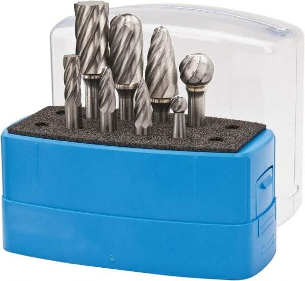 Made in USA - 8 Piece, 1/4" Shank Burr Set - Tungsten Carbide, Multiple Head Shape - Exact Industrial Supply