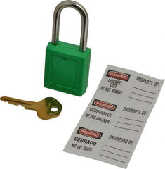 Master Lock - Keyed Alike Conductive Lockout Padlock - 1-1/2" Shackle Clearance, 1/4" Shackle Diam, 1-3/4" Body Height x 1-1/2" Body Width, Green, 6 Pins - Exact Industrial Supply