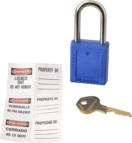 Master Lock - Keyed Alike Conductive Lockout Padlock - 1-1/2" Shackle Clearance, 1/4" Shackle Diam, 1-3/4" Body Height x 1-1/2" Body Width, Blue, 6 Pins - Exact Industrial Supply