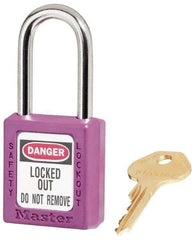 Master Lock - Keyed Alike Conductive Lockout Padlock - 1-1/2" Shackle Clearance, 1/4" Shackle Diam, 1-3/4" Body Height x 1-1/2" Body Width, Purple, 6 Pins - Exact Industrial Supply