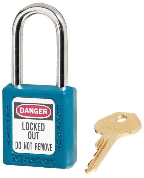 Master Lock - Keyed Alike Conductive Lockout Padlock - 1-1/2" Shackle Clearance, 1/4" Shackle Diam, 1-3/4" Body Height x 1-1/2" Body Width, Teal, 6 Pins - Exact Industrial Supply