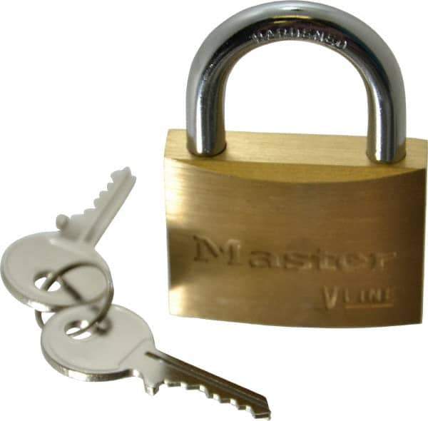 Master Lock - 15/16" Shackle Clearance, Keyed Different Padlock - 9/32" Shackle Diam, Brass - Exact Industrial Supply