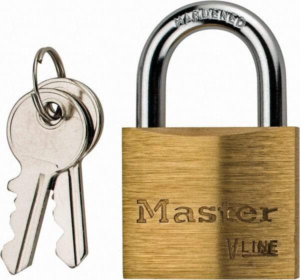 Master Lock - 13/16" Shackle Clearance, Keyed Different Padlock - 1/4" Shackle Diam, Brass - Exact Industrial Supply