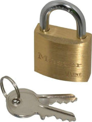 Master Lock - 9/16" Shackle Clearance, Keyed Different Padlock - 3/16" Shackle Diam, Brass - Exact Industrial Supply