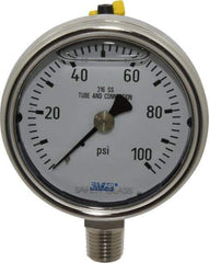 Wika - 2-1/2" Dial, 1/4 Thread, 0-100 Scale Range, Pressure Gauge - Lower Connection Mount, Accurate to 2-1-2% of Scale - Exact Industrial Supply