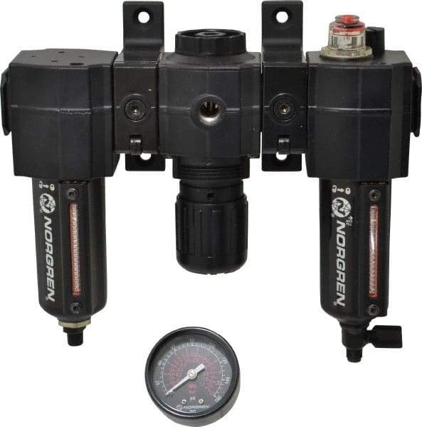 Norgren - 3/8" NPT Port Intermediate 3 Piece Filter-Regulator-Lubricator FRL Unit - Metal Bowl, 75 SCFM, 250 Max psi, 82" High x 9.13" Long, Automatic Drain - Exact Industrial Supply