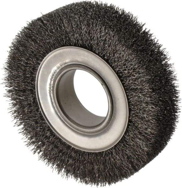 Anderson - 6" OD, 2" Arbor Hole, Crimped Steel Wheel Brush - 1-1/2" Face Width, 1-1/8" Trim Length, 0.014" Filament Diam, 6,000 RPM - Exact Industrial Supply