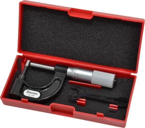 Starrett - 1 Inch Measurement Range, 0.001 Inch Graduation, Post Anvil, Plain Thimble, Mechanical Anvil, Tube Micrometer - 39/64 Inch Head Diameter, Satin Chrome Finish, Carbide, Includes Case - Exact Industrial Supply