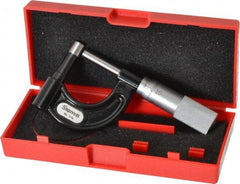 Starrett - 1 Inch Measurement Range, 0.001 Inch Graduation, Post Anvil, Plain Thimble, Mechanical Anvil, Tube Micrometer - 39/64 Inch Head Diameter, Satin Chrome Finish, Carbide, Includes Case - Exact Industrial Supply