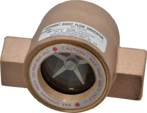 Dwyer - 3/4 Inch, Bronze Body Sight Flow Indicator - 125 Max psi, 4 Inch Overall Length, 200°F - Exact Industrial Supply