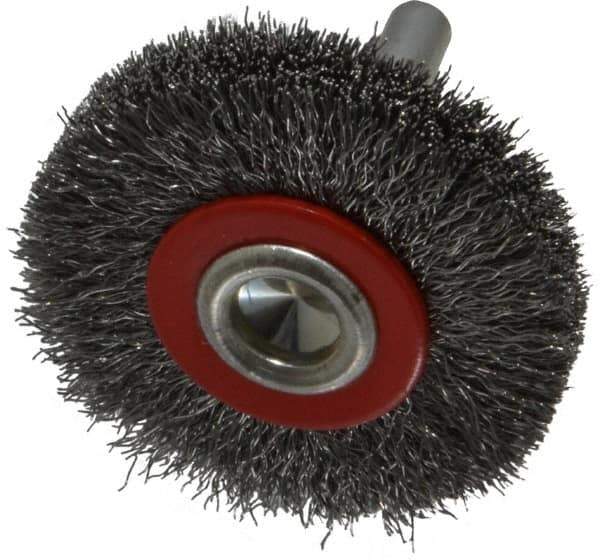 Value Collection - 2" OD, 1/4" Shank Diam, Crimped Steel Wheel Brush - 3/8" Face Width, 3/8" Trim Length, 0.008" Filament Diam, 15,000 RPM - Exact Industrial Supply