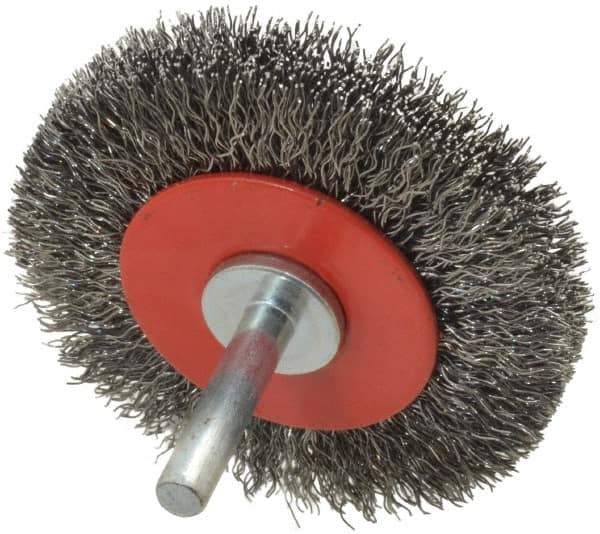 Value Collection - 2-5/8" OD, 1/4" Shank Diam, Crimped Steel Wheel Brush - 1/2" Face Width, 3/4" Trim Length, 0.015" Filament Diam, 15,000 RPM - Exact Industrial Supply