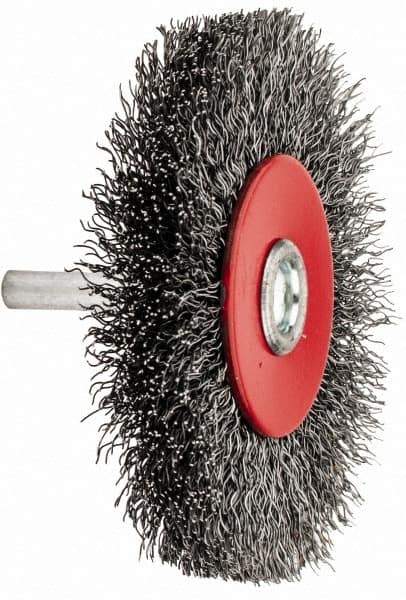 Value Collection - 3-1/16" OD, 1/4" Shank Diam, Crimped Steel Wheel Brush - 1/2" Face Width, 3/4" Trim Length, 0.015" Filament Diam, 12,000 RPM - Exact Industrial Supply
