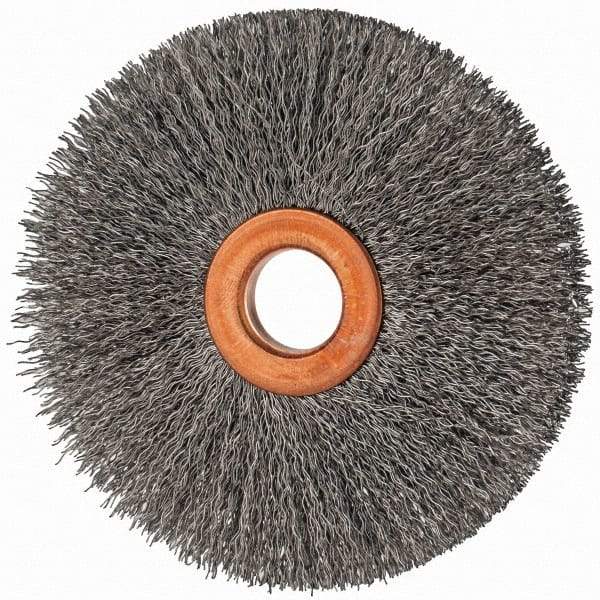 Value Collection - 3" OD, 1/2" Arbor Hole, Crimped Steel Wheel Brush - 3/8" Face Width, 1" Trim Length, 0.007" Filament Diam, 15,000 RPM - Exact Industrial Supply
