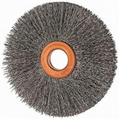 Value Collection - 3" OD, 1/2" Arbor Hole, Crimped Steel Wheel Brush - 3/8" Face Width, 1" Trim Length, 0.007" Filament Diam, 15,000 RPM - Exact Industrial Supply