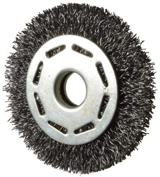 Value Collection - 2-1/2" OD, 3/8" Arbor Hole, Crimped Steel Wheel Brush - 5/16" Face Width, 1/2" Trim Length, 0.012" Filament Diam, 6,000 RPM - Exact Industrial Supply