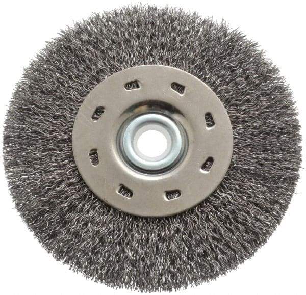 Value Collection - 5" OD, 1/2" Arbor Hole, Crimped Steel Wheel Brush - 1/2" Face Width, 1-15/64" Trim Length, 0.012" Filament Diam, 5,000 RPM - Exact Industrial Supply