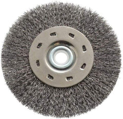 Value Collection - 5" OD, 1/2" Arbor Hole, Crimped Steel Wheel Brush - 1/2" Face Width, 1-15/64" Trim Length, 0.012" Filament Diam, 5,000 RPM - Exact Industrial Supply