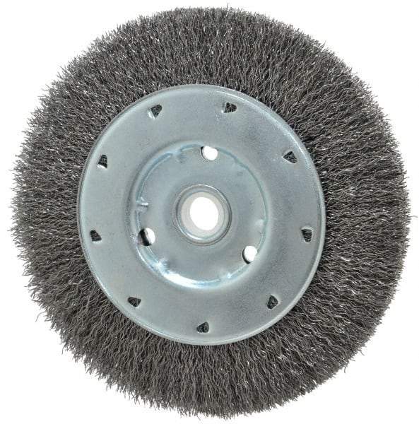 Value Collection - 6" OD, 1/2" Arbor Hole, Crimped Steel Wheel Brush - 1/2" Face Width, 1-15/64" Trim Length, 0.012" Filament Diam, 5,000 RPM - Exact Industrial Supply