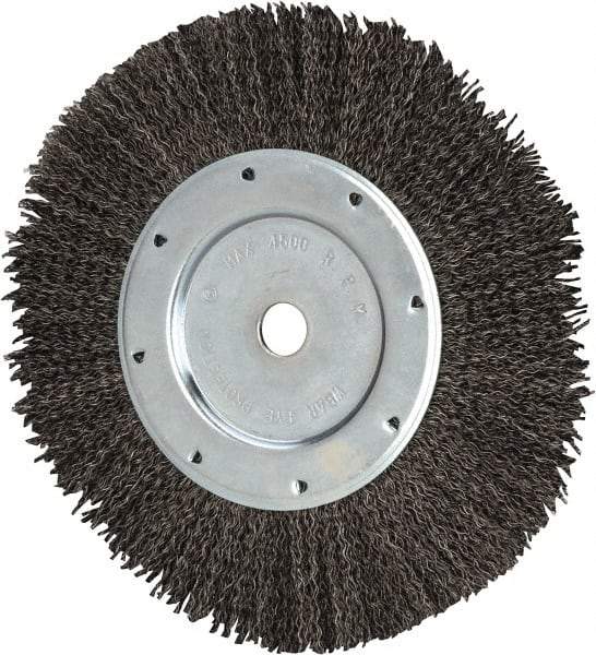 Value Collection - 8" OD, 1/2" Arbor Hole, Crimped Steel Wheel Brush - 9/16" Face Width, 1-9/16" Trim Length, 0.012" Filament Diam, 4,500 RPM - Exact Industrial Supply