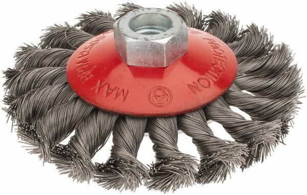 Value Collection - 4" OD, M14x2.00 Arbor Hole, Knotted Steel Wheel Brush - 1/2" Face Width, 7/8" Trim Length, 0.008" Filament Diam, 12,500 RPM - Exact Industrial Supply
